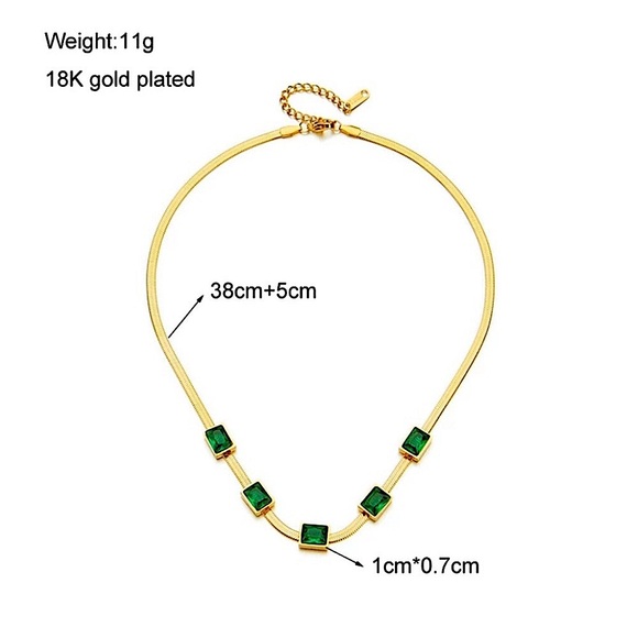 Gold Emerald Green Zircon Charm Pendant Herringbone Snake Flat Necklace - Picture 6 of 8